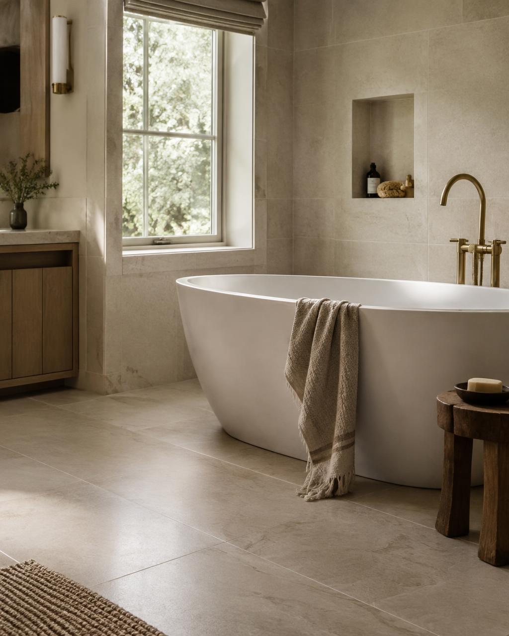 Stone-tiled bathroom with a freestanding tub and brass fixtures