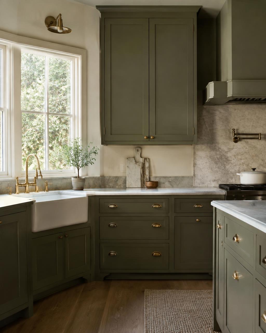 Kitchen with olive cabinetry, marble counters and brass hardware