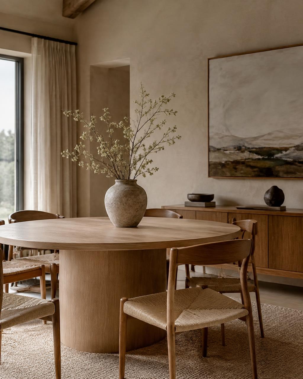 Staged dining room with an oak table and a vase of branches